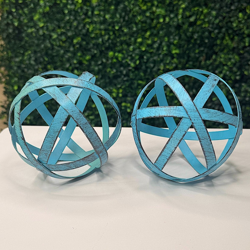 Metal Decorative Sphere - Distressed Blue, Hand Painted Set of 2 (New)